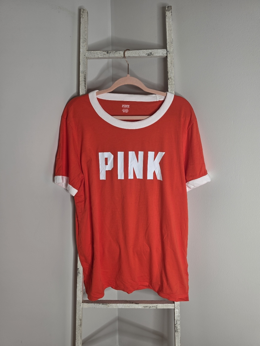 PINK Victoria's Secret NWT Women's Large 100% Cotton Orange Campus Ringer Tee